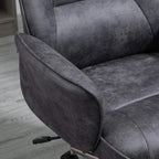 Close-up of charcoal grey office chair armrest and seat cushion with rounded edge padding