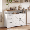 White farmhouse sideboard cabinet with three drawers and double barn-style door fronts