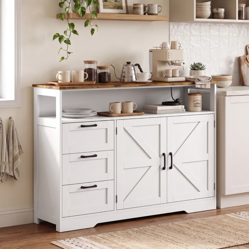 White farmhouse sideboard cabinet with three drawers and double barn-style door fronts