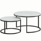 Pair of round marble-effect stacking tables, white tops, black metal frames