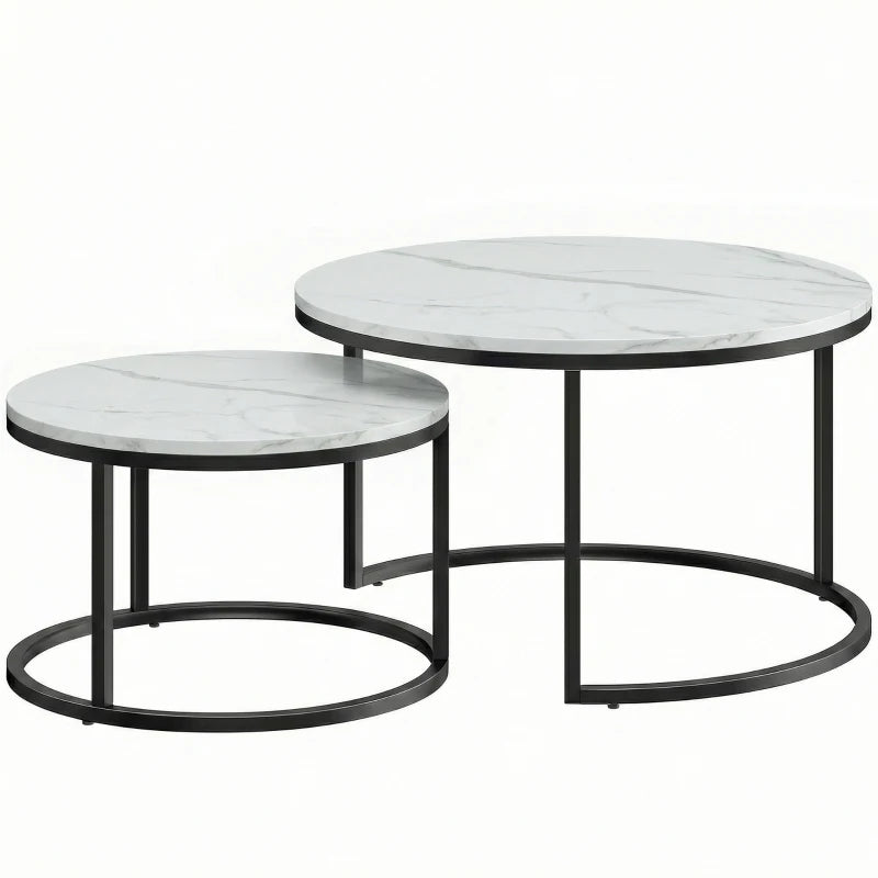 Pair of round marble-effect stacking tables, white tops, black metal frames