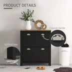 Black shoe cabinet with two drawers, elevated base, and arched metallic handle