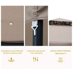 Outdoor gazebo fabric details with drainage holes, buckles, and reinforced seams
