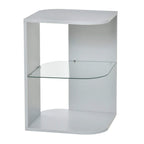 Grey 3-tier bedside side table with curved tempered glass shelf and open storage.