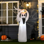 Tall white inflatable ghost with jack-o-lantern head, arms raised, Halloween style