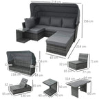 Gray outdoor wicker sofa set with canopy and cushions; product layout with dimensions