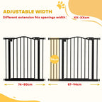 Adjustable black metal pet gate with auto-close door, 74–94 cm width