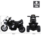Black kids electric ride-on motorbike, front and side views with size and 20kg rating.