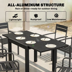 Black aluminium outdoor dining table with faux wood slatted top and pedestal legs