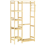 Natural bamboo clothes rack with open shelves and side rail supports