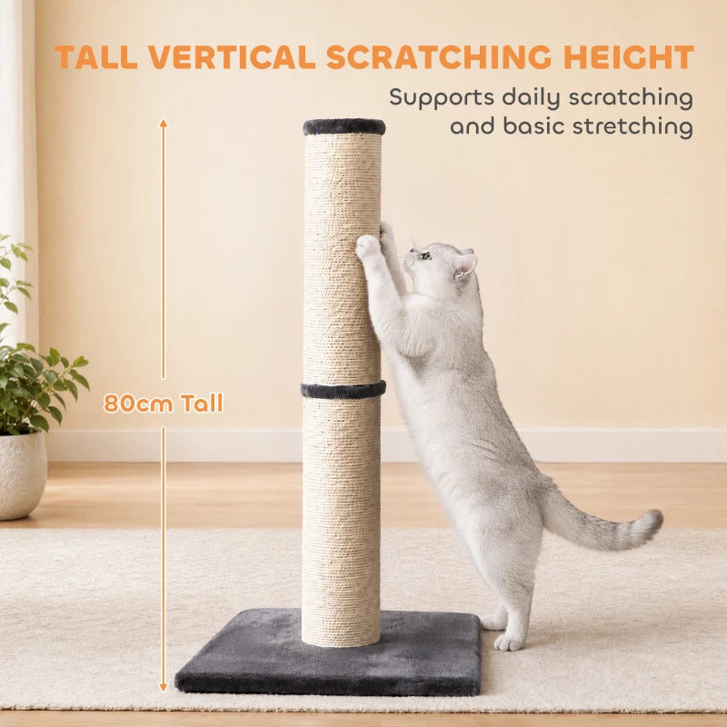 80 cm cat scratching post with beige sisal pole and dark grey plush base