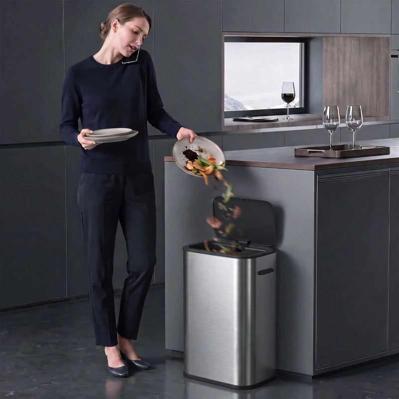 Touchless stainless steel sensor waste bin with side handle, silver tone