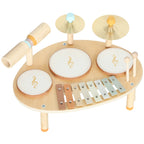 Wooden baby drum kit with three white drums, two cymbals, and xylophone keys