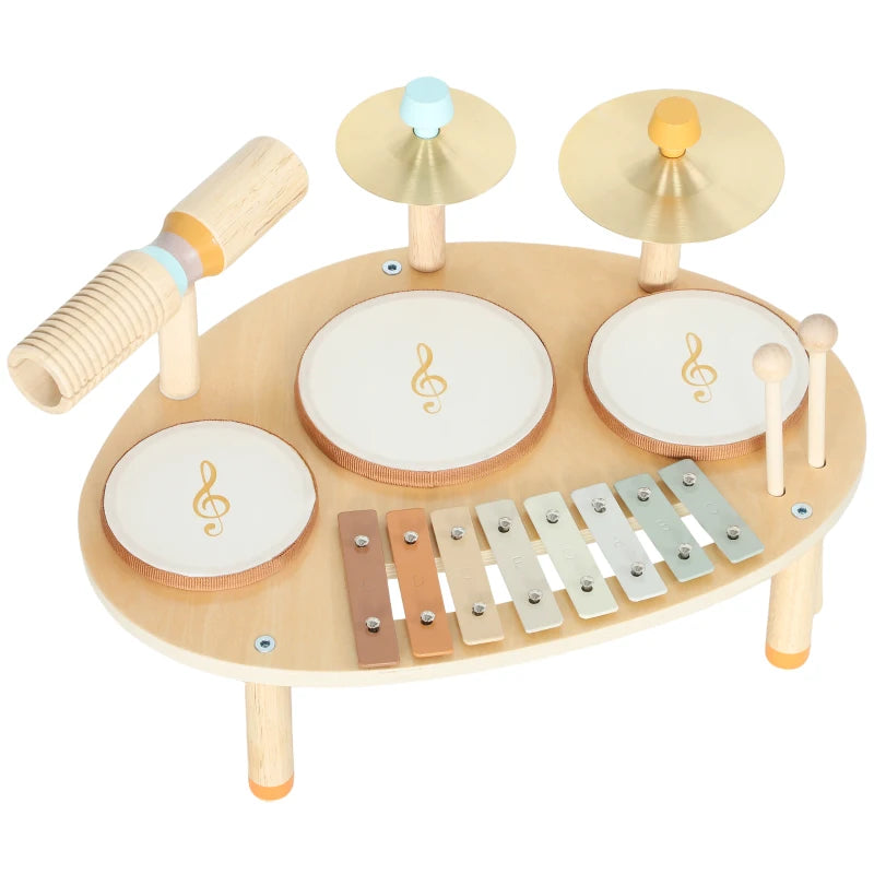 Wooden baby drum kit with three white drums, two cymbals, and xylophone keys