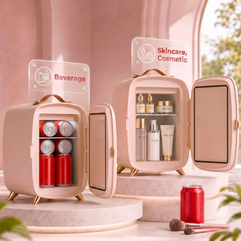 Pink mini skincare fridge with open compartment doors holding skincare bottles