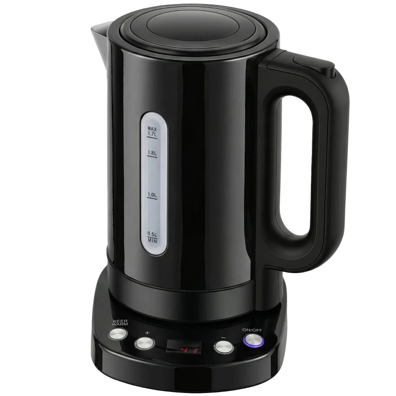Black electric kettle with water level gauge and curved handle, on base