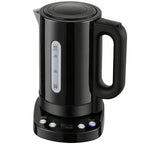 Black electric kettle with water level gauge and curved handle, on base