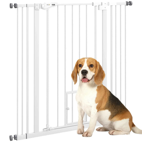 White extra-tall indoor pet safety gate with vertical bars and cat flap