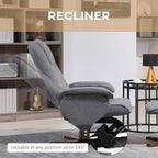 Grey reclining swivel chair with ottoman footrest and dark wooden base.