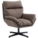 Dark brown padded swivel accent chair with wide armrests and cushioned seat