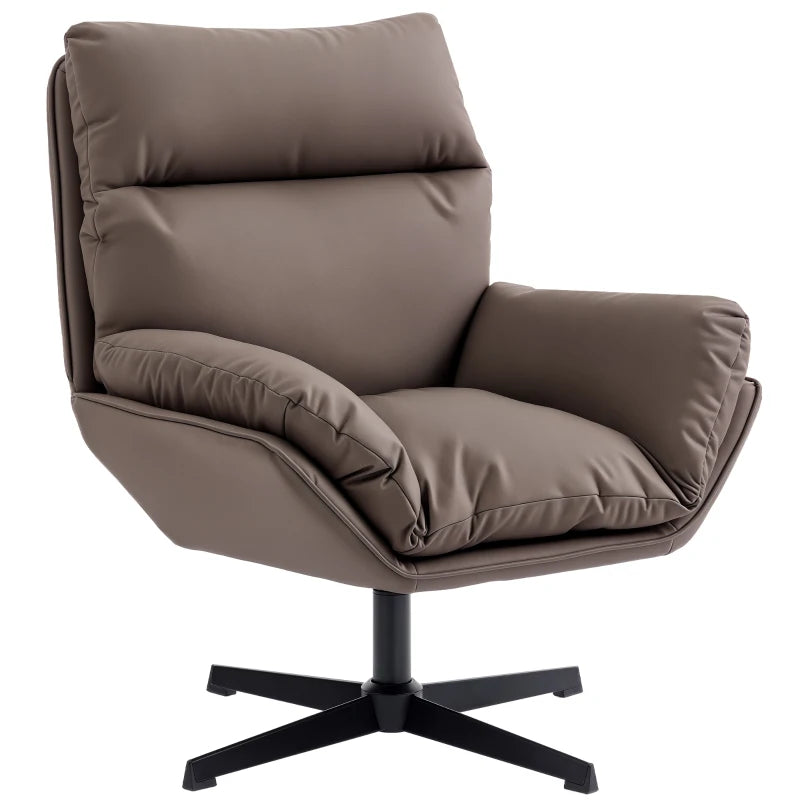 Dark brown padded swivel accent chair with wide armrests and cushioned seat