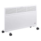 White freestanding convector radiator with front grille and caster wheels