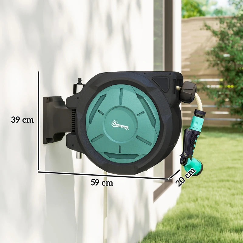 Wall-mounted retractable hose reel with swiveling bracket and turquoise hose drum