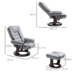 Gray recliner chair with footrest and dimensions view, showing reclining and swivel design