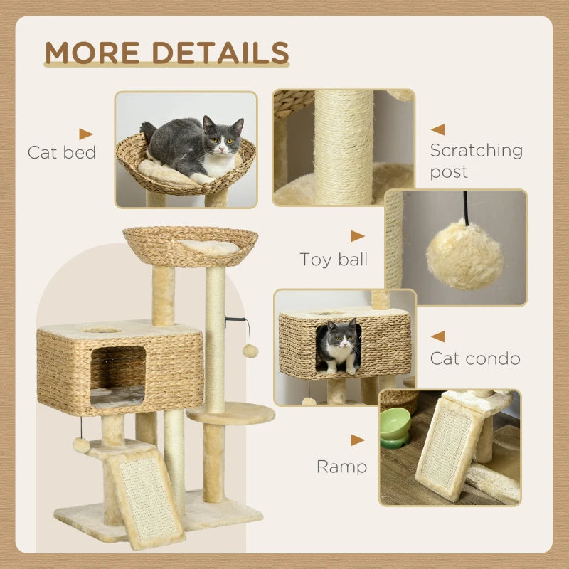 Beige cat tree tower details showing cat bed, scratching post, toy ball, condo, ramp