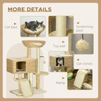 Beige cat tree tower details showing cat bed, scratching post, toy ball, condo, ramp