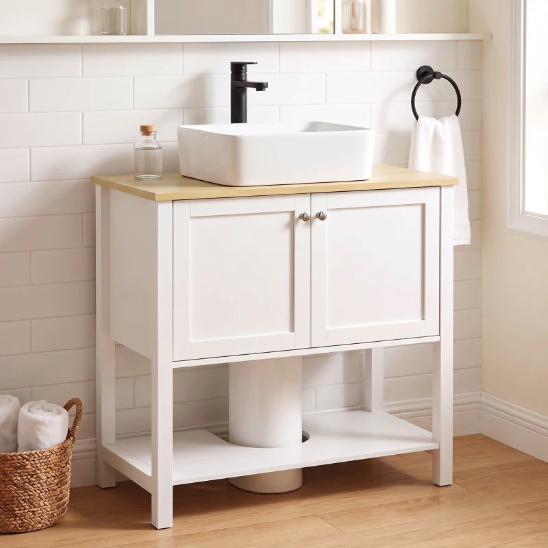 White under-sink cabinet with 2 doors and open shelf, shown with basin and faucet