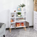 White bookcase with open shelves and grey lower cabinet doors on wooden legs