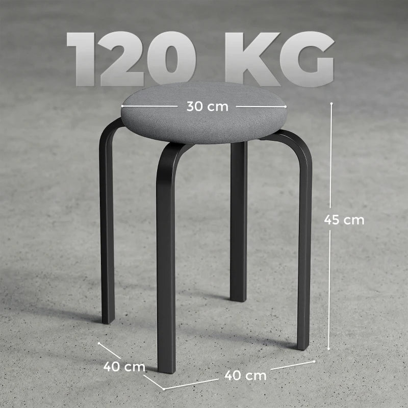 Dark grey round cushioned backless stool with black metal legs and size markers