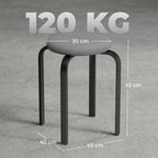 Dark grey round cushioned backless stool with black metal legs and size markers