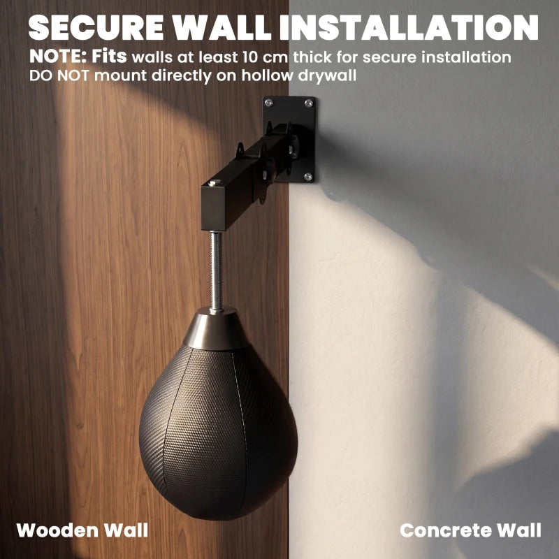 Wall-mounted speed bag with wall plate, black hanging bag, and support arm