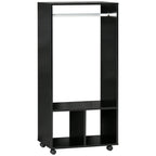 Black mobile open wardrobe with hanging rail and two lower storage shelves