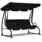 Black three-seater garden swing bed with canopy and padded bench