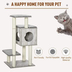 Grey cushioned cat tower with round cubby windows and three resting levels on posts
