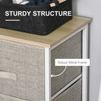 3-tier linen drawer cabinet corner view, oak-look top, grey fabric fronts, sturdy metal frame