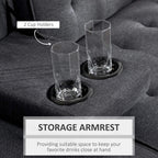 Grey sofa bed armrest with two clear cup holders set into a storage surface