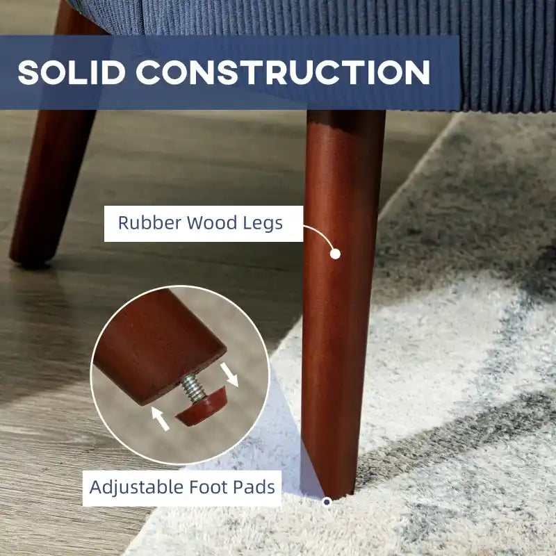 Blue corduroy accent armchair with rubber wood legs and adjustable foot pads