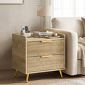 Natural wood bedside table with two drawers and angled gold metal legs