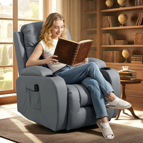 Grey PU leather massage recliner armchair with padded armrests and recline footrest
