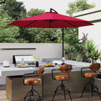 Wine red cantilever patio umbrella over outdoor dining table and chairs