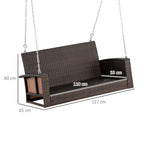 Two-seater hanging rattan swing bench with cream cushion and four metal chain suspensions
