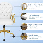 Cream white tufted office chair detail view: thick padding, gas lift, and sturdy base