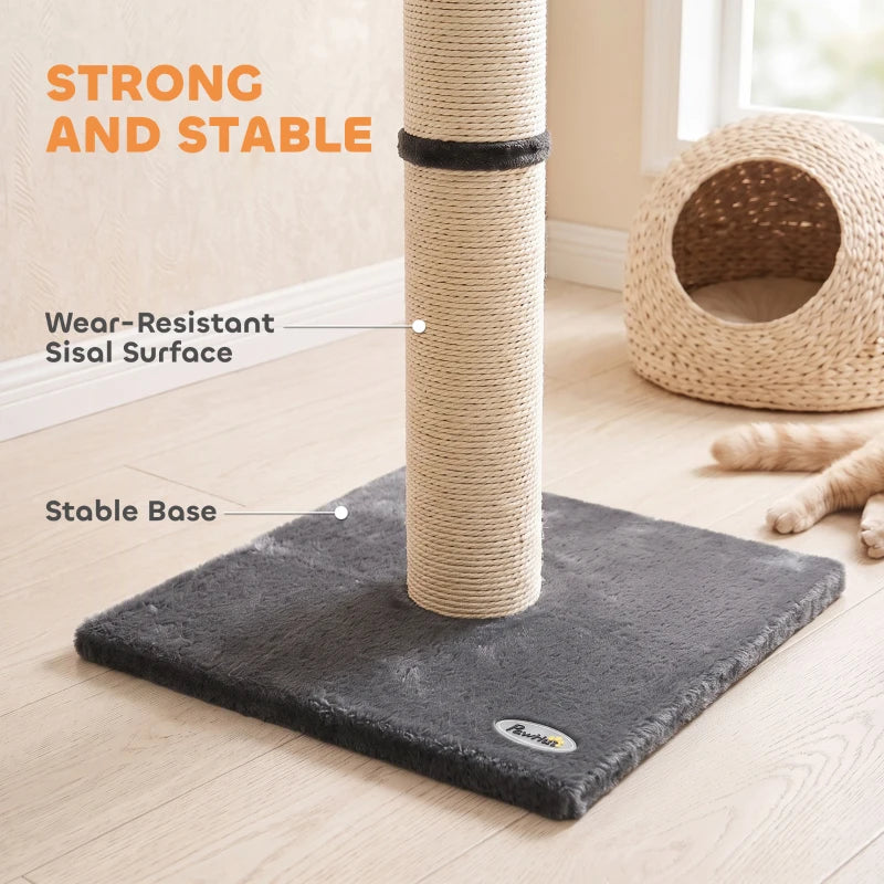 Vertical cat scratching post with beige sisal rope and dark grey felt base