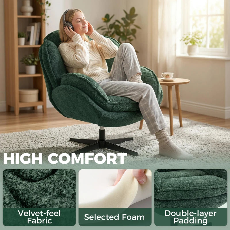 Dark green velvet wingback swivel accent chair with black four-star base, high comfort
