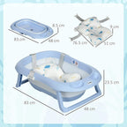 Blue foldable baby bathtub with cushioned insert and side size measurements