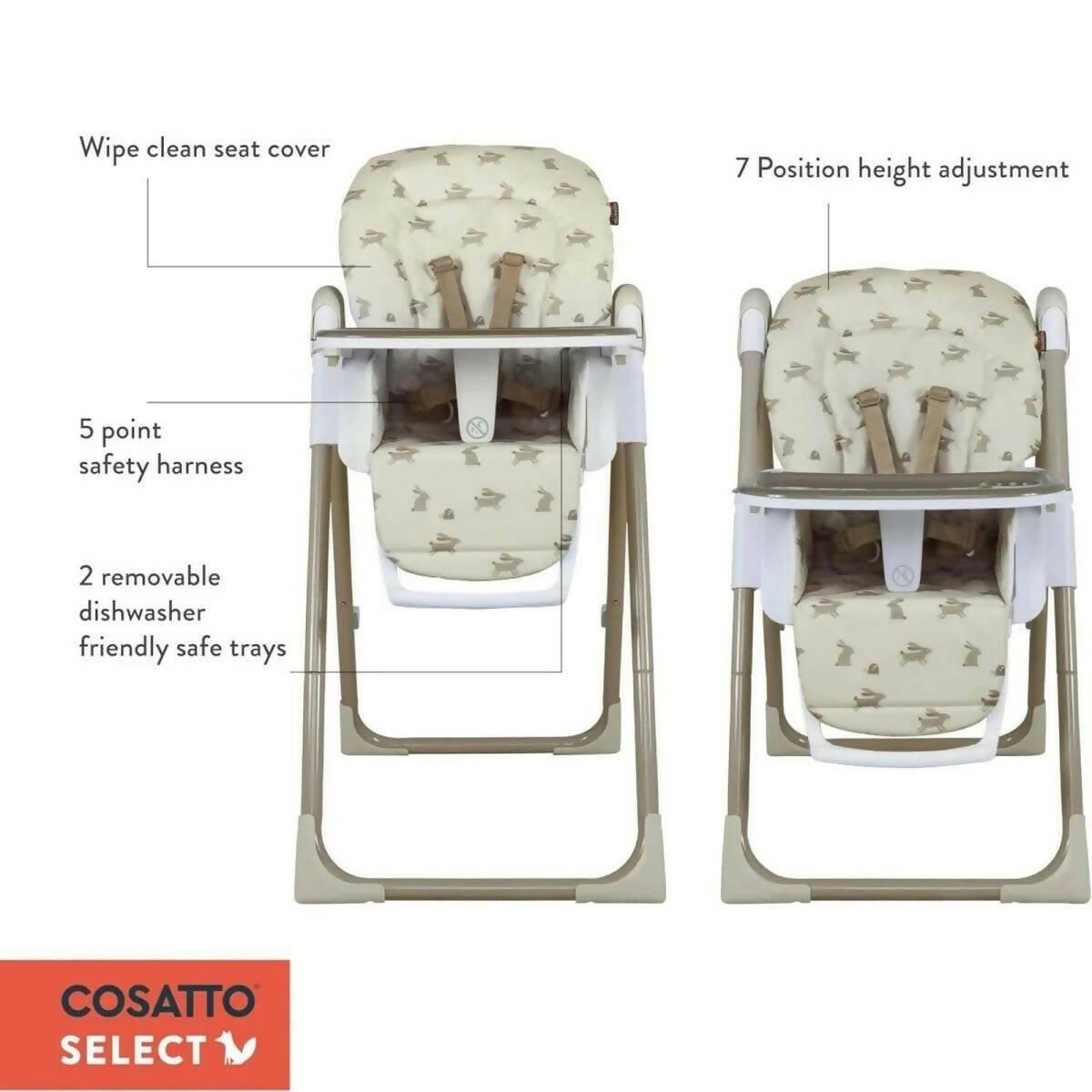 Cosatto Select high chairs with beige animal-pattern fabric, white tray, and cushioned seat
